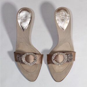 RARE Rodo Since 1956 Taupe Slide Sandals with Crystal-Embellished Buckle